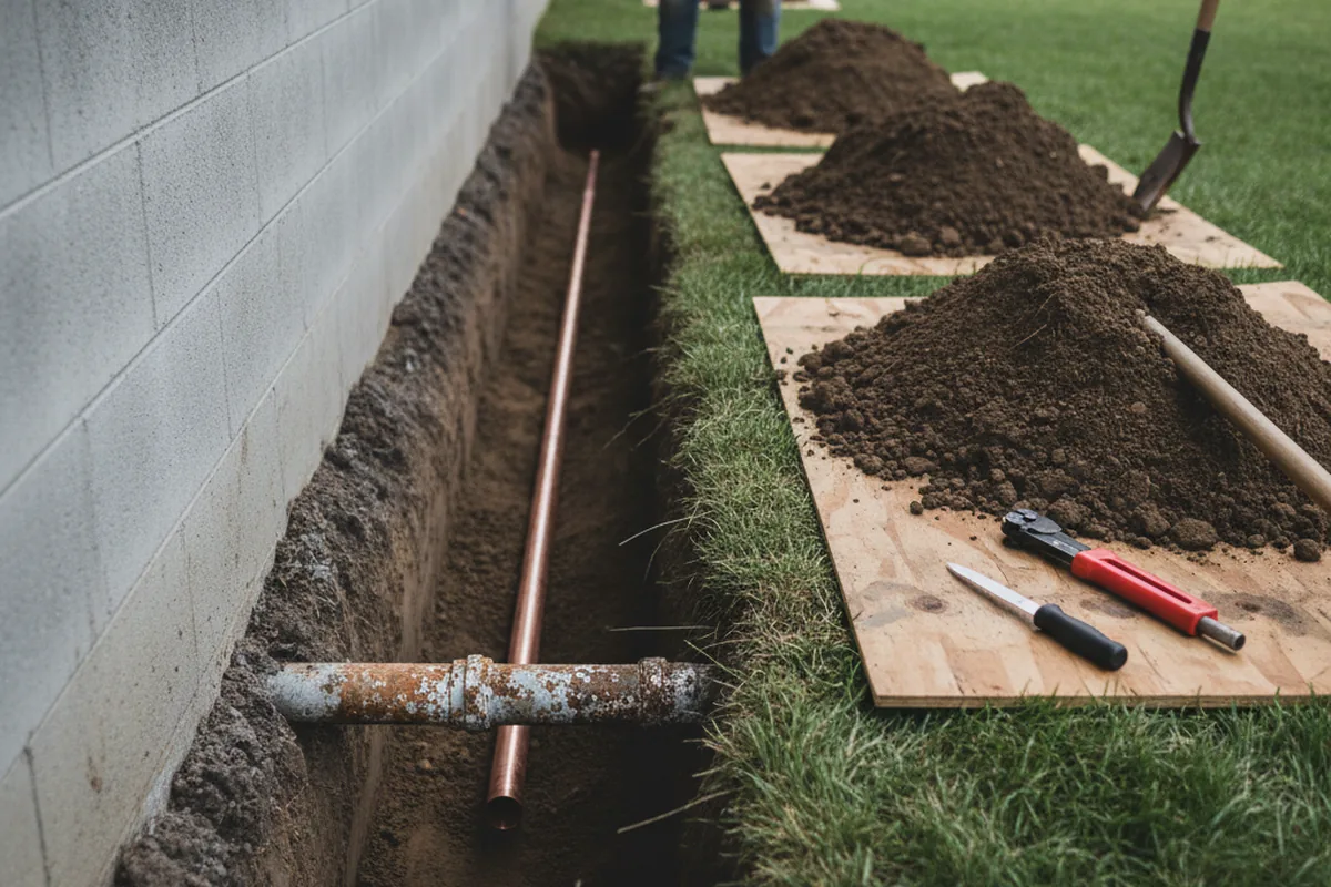 Excavated water line trench during Sewer Line Repair in Wortham
